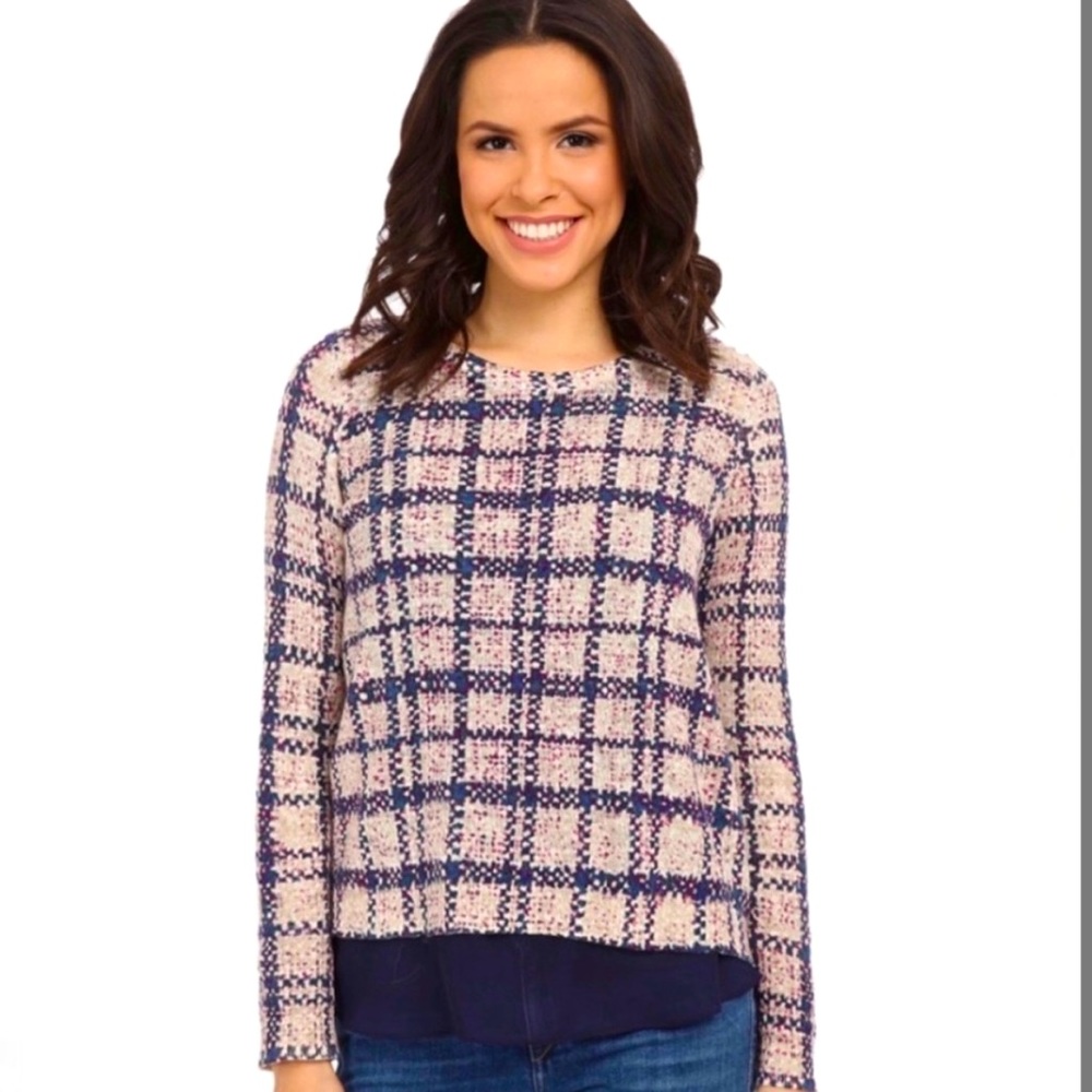 Beautiful Lucky Brand plaid mixed media plum and beige sweater, L